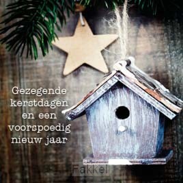 Kerstkaart vogelhuisje en ster gezegende