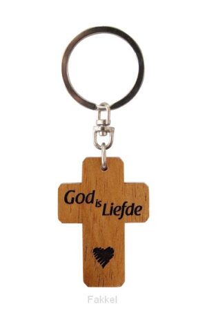 Sleutelhanger kruis hout God is liefde