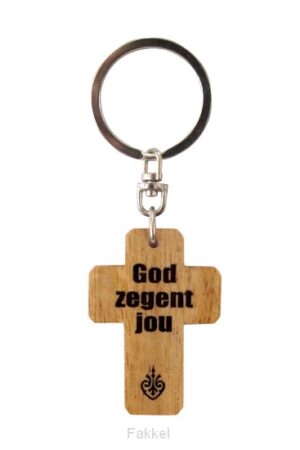 Sleutelhanger kruis hout God zegent jou